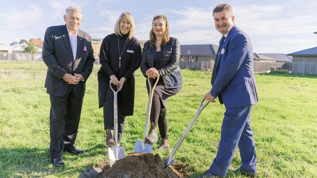 At the work site of the new Woodville West housing development are AnglicareSA deputy chairman, Greg Frisby, AnglicareSA executive general manager housing, Michelle Gegenhuber, Human Services Minister Michelle Lensink and AnglicareSA chief executive Grant Reubenicht. Picture: Supplied