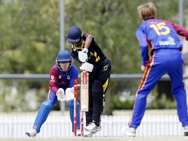 Blacktown's Thenuk Wijesekera defends Ulrich Vosser. Picture: John Appleyard