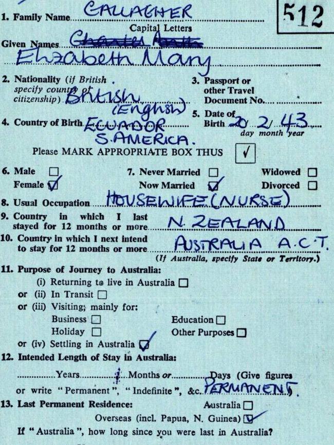 Katy Gallagher’s mother’s arrival card into Australia which shows the senator was born in Ecuador in South America.