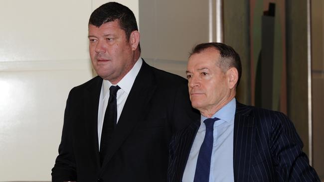 James Packer and Crown’s then executive chairman John Alexander, at the AGM in 2017. Picture: AFP