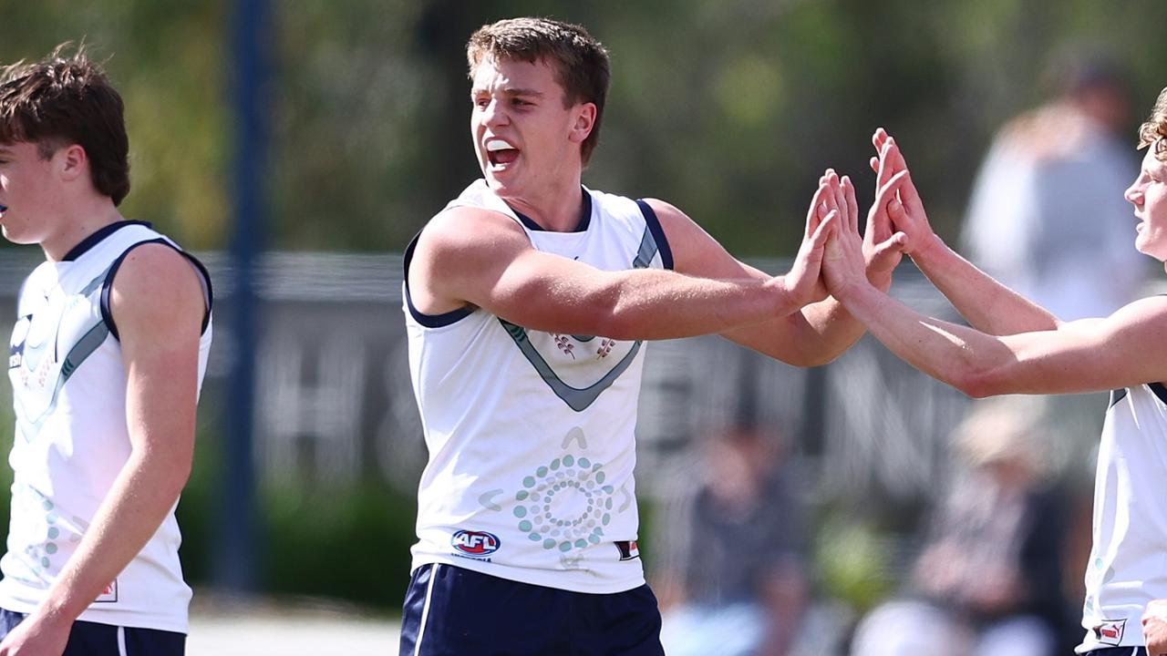 BRISBANE, AUSTRALIA - JULY 07: Sam Lalor of Victoria Country celebrates a goal during the Marsh AFL National Championships match between U18 Boys Allies and Victoria Country at Brighton Homes Arena on July 07, 2024 in Brisbane, Australia. (Photo by Chris Hyde/AFL Photos/via Getty Images)