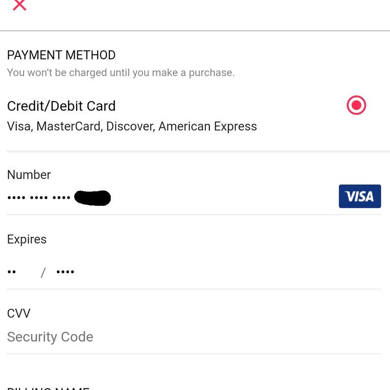 An anonymised direct payment form on Apple Music's Android app.