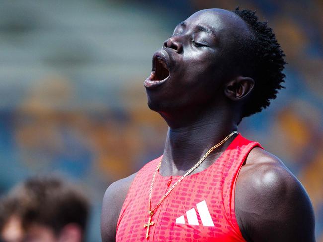 Australian sprinter Gout Gout reacts after competing in the 100m heat. Picture: AFP