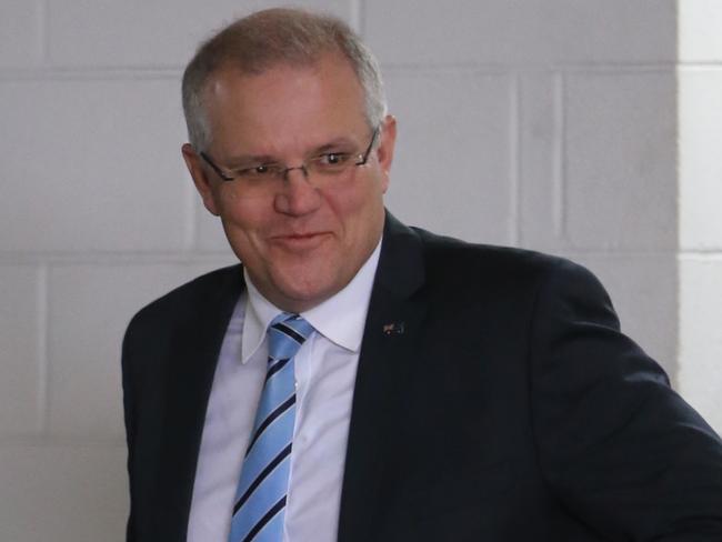 PM Scott Morrison leaves the 2GB studios after an interview with Alan Jones. Picture: John Grainger