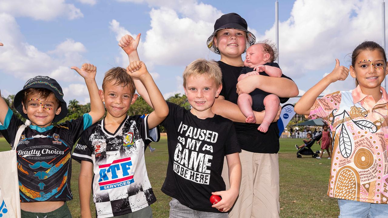 Mark Pocock, Kai Williams, John Cusack, Ahliya Cusack, Billy Cusack and Havana Pocock at the Charles Darwin University Darwin NAIDOC Family Fun Day at University Pirates Rugby Union Oval, Casuarina. Picture: Pema Tamang Pakhrin