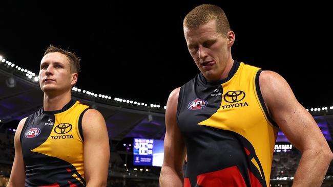 PERTH, AUSTRALIA - MARCH 29: Reilly O'Brien of the Crows walks from the field after being defeated during the round three AFL match between Fremantle Dockers and Adelaide Crows at Optus Stadium, on March 29, 2024, in Perth, Australia. (Photo by Paul Kane/Getty Images)