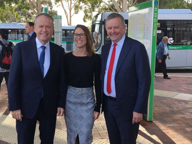 Bill Shorten and Anthony Albanese with the former Labor candidate for Hasluck, Lauren Palmer.