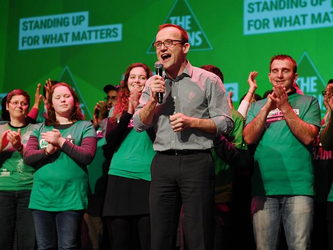 Greens member for Melbourne Adam Bandt celebrates his re-election. Picture: Jake Nowakowski