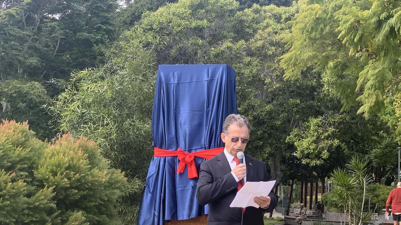 Turkey Consul General of Queensland Turgut Manli speaks at the opening of Stage 3 of Maryborough's Gallipoli to Armistice War Memorial.