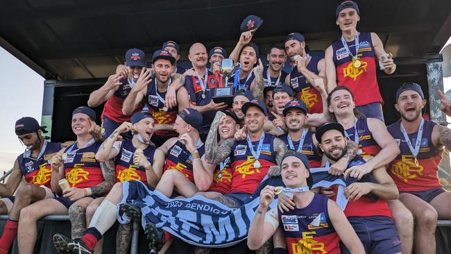 Diggers Rest celebrates its RDFNL premiership. Picture: Aaron Cook