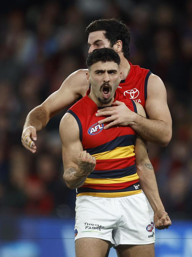 Izak Rankine celebrates kicking a goal during a match against the Bombers last year. Picture: Daniel Pockett/Getty Images