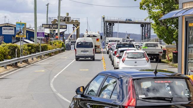 Cars being loaded onto the Bruny Island Ferry during the busy school holiday period. Picture: Linda Higginson