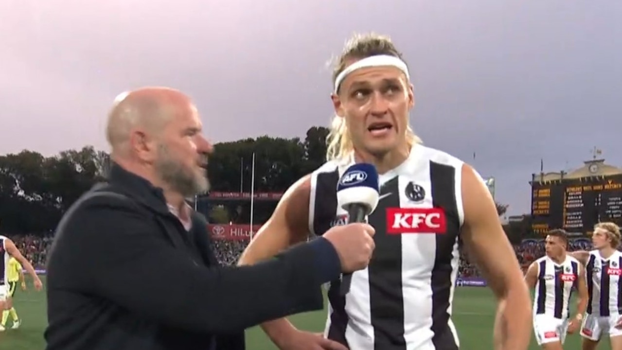 AFL 2023: Darcy Moore drops F-bomb on live TV in Collingwood vs