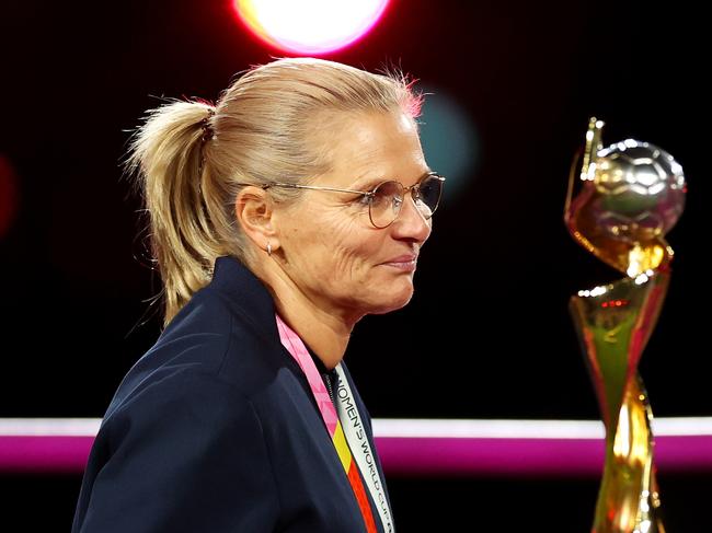 England coach Sarina Wiegman with the World Cup trophy. Picture: Catherine Ivill/Getty Images.