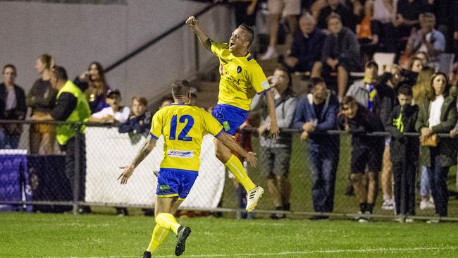 Broadbeach’s Shaun Robinson celebrates the opening goal. Picture: Jerad Williams