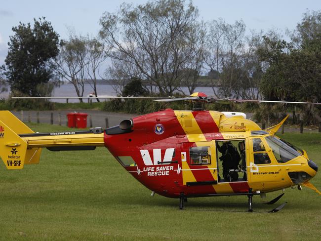 The Westpac Life Saver Rescue Helicopter in Ballina during the floods on Wednesday March 2, 2022. Picture: Liana Boss