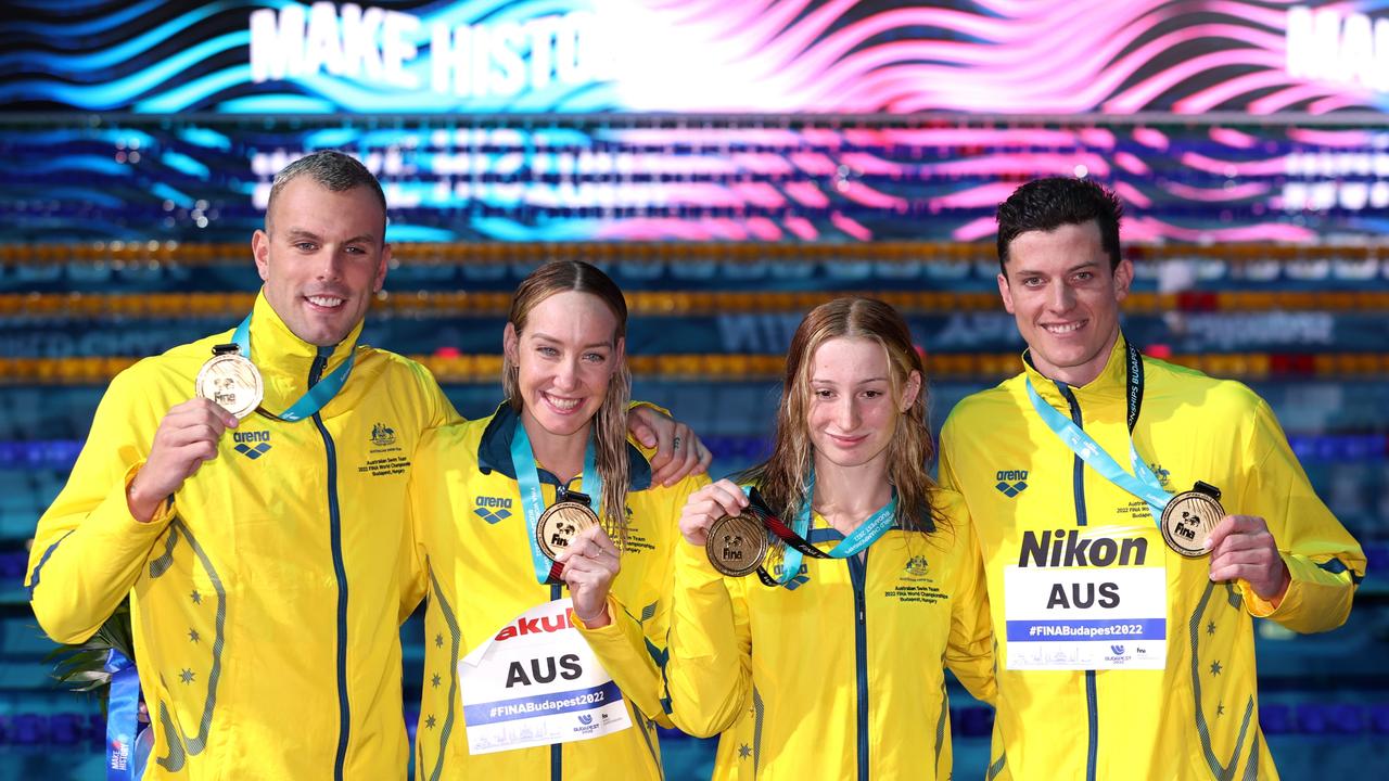 Gold medallists Kyle Chalmers, Madison Wilson, Mollie O'Callaghan and Jack Cartwright. Photo by Maddie Meyer/Getty Images.