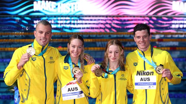 Gold medallists Kyle Chalmers, Madison Wilson, Mollie O'Callaghan and Jack Cartwright. Photo by Maddie Meyer/Getty Images.