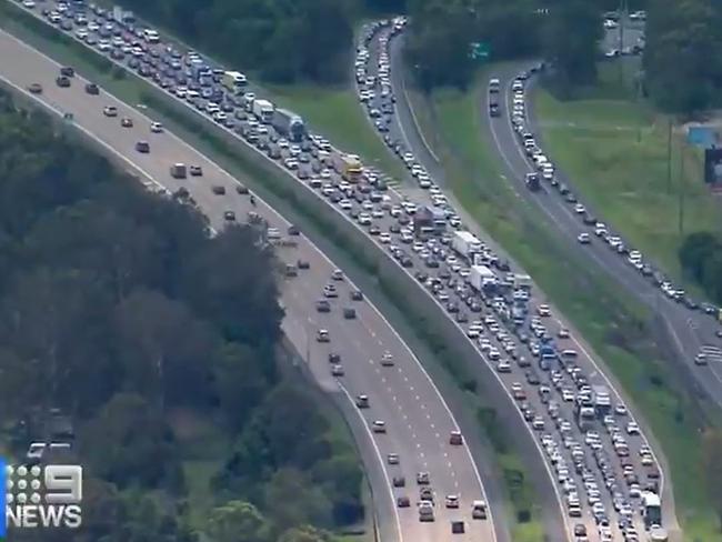 Scene of a fatal motorbike accident on the M1 at the Oxenford exit. Picture: Nine News.