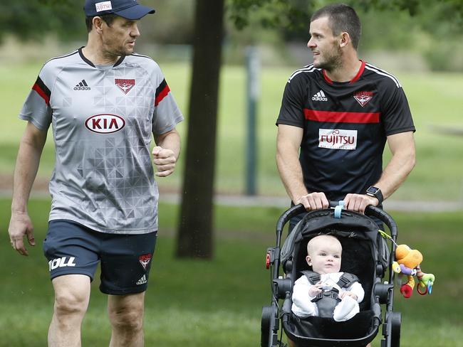 Brent Stanton’s baby son Aiden is already signed up to the James Hird Academy. Picture: Michael Klein