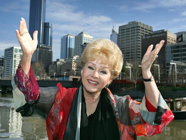 Actress Debbie Reynolds by the Yarra River in Melbourne. Picture: Supplied