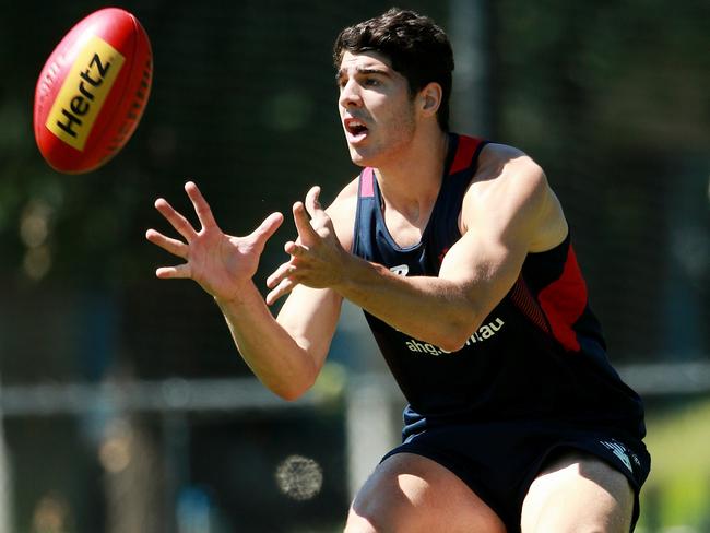 Christian Petracca marks the ball during pre-season training in December. Picture: Colleen Petch