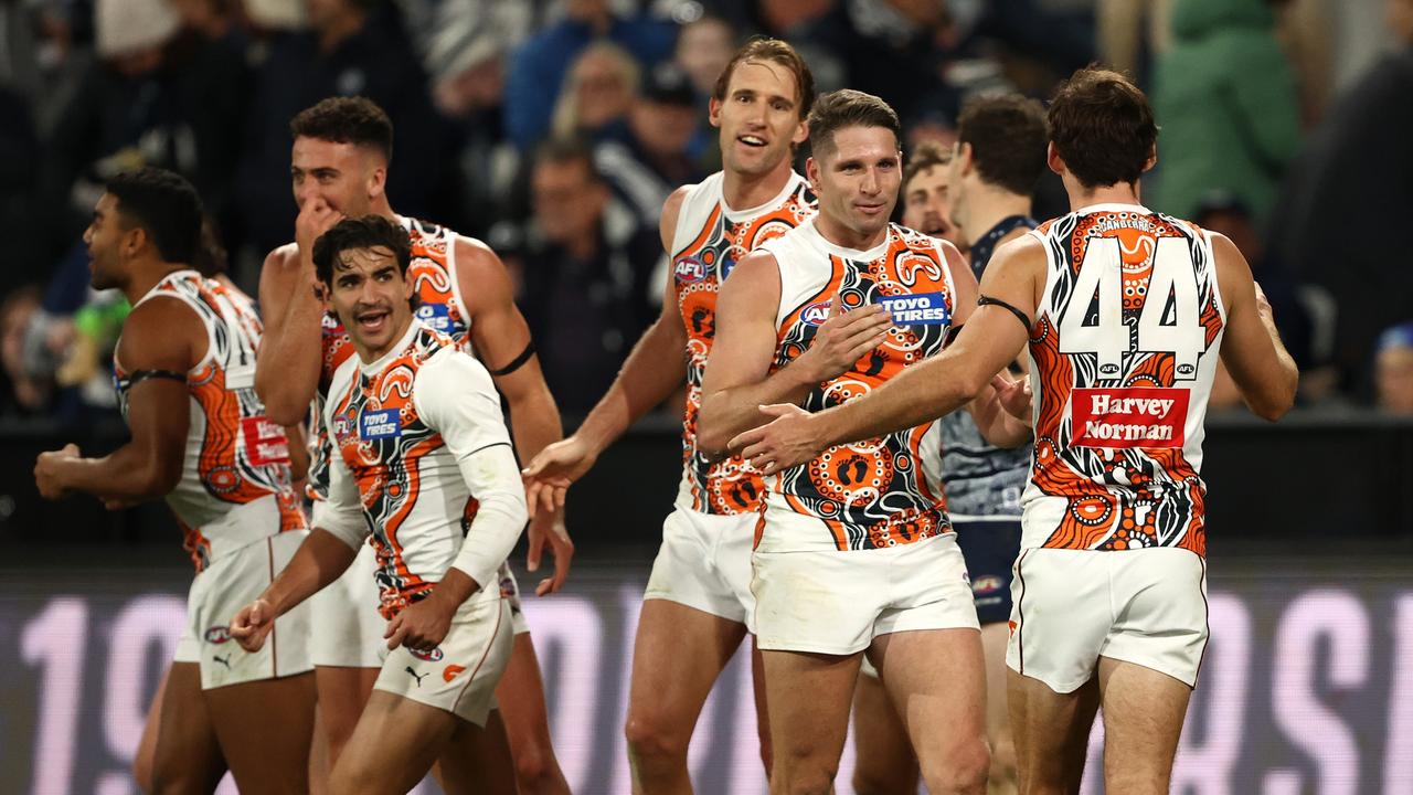 The Giants celebrate after defeating Geelong. (Photo by Robert Cianflone/Getty Images)