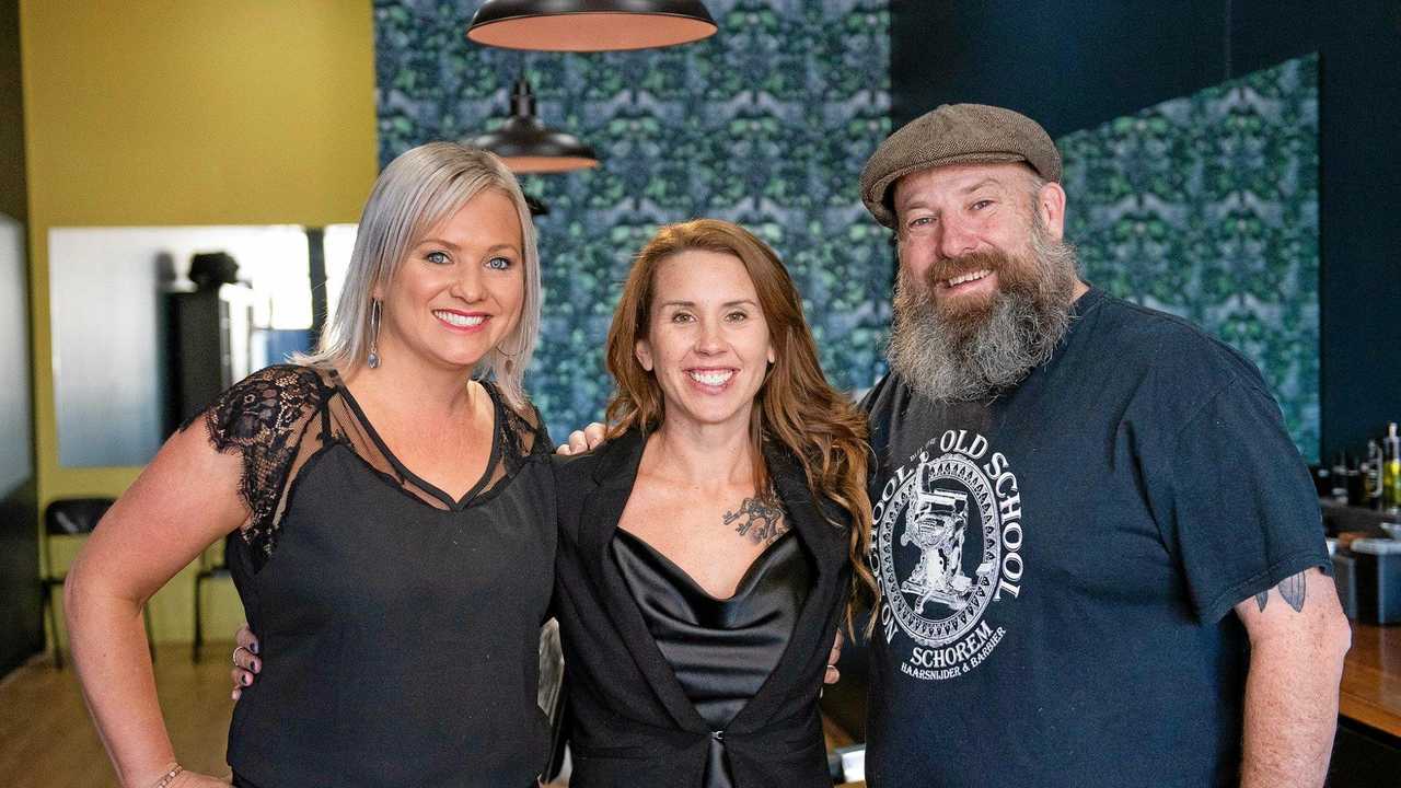 NOW OPEN: Grace Batten, Renee Houston and Damian Roche from Houston and Co Barber Shop. Picture: Contributed