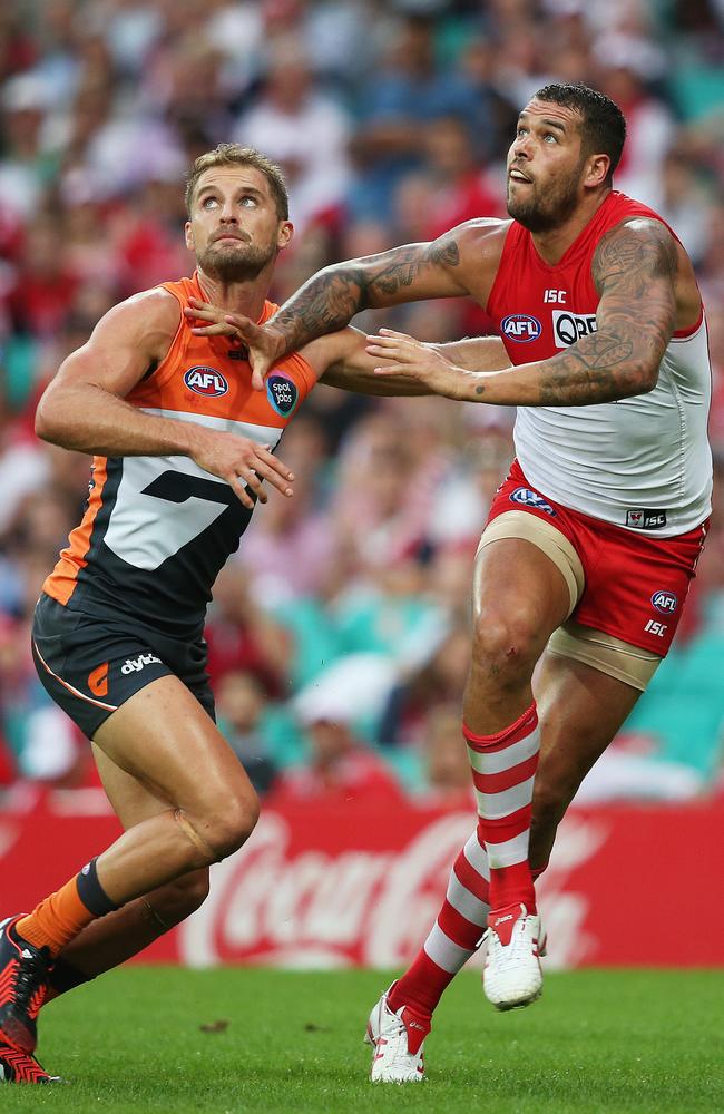 Lance Franklin fends off Greater Western Sydney defender Joel Patfull. Picture: Phil Hillyard