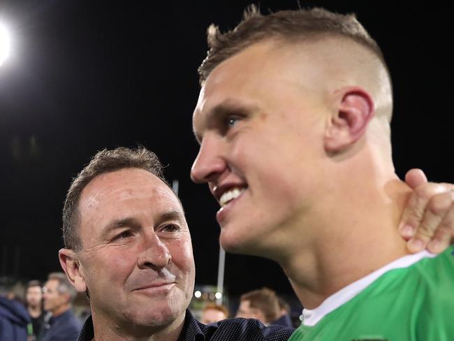 Canberra coach Ricky Stuart with Canberra's Jack Wighton after the Canberra Raiders v South Sydney Preliminary NRL Final at GIO Stadium, Canberra.