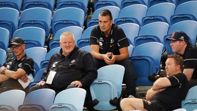 Carlton’s recruiting team, including former list boss Stephen Silvagni, scout for talent at the 2019 draft combine.