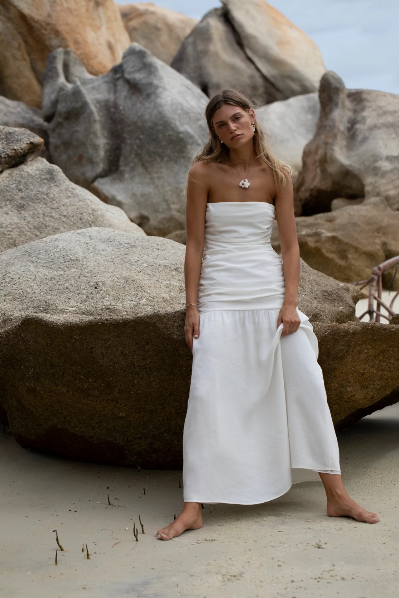 Organic Cotton Tie Front Strapless Maxi Dress by AERE Online
