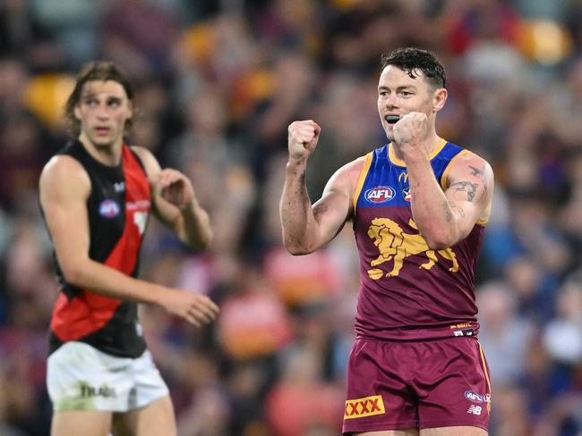 Lachie Neale celebrates a goal against the Bombers. Picture: Matt Roberts/AFL Photos/via Getty Images