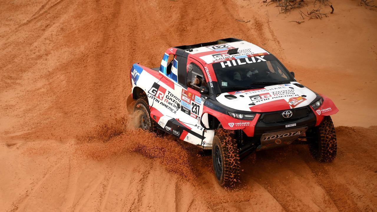 Toyota’s latest Dakar contender has a twin-turbo petrol V6 pinched from the LandCruiser. Photo: Franck Fife / AFP