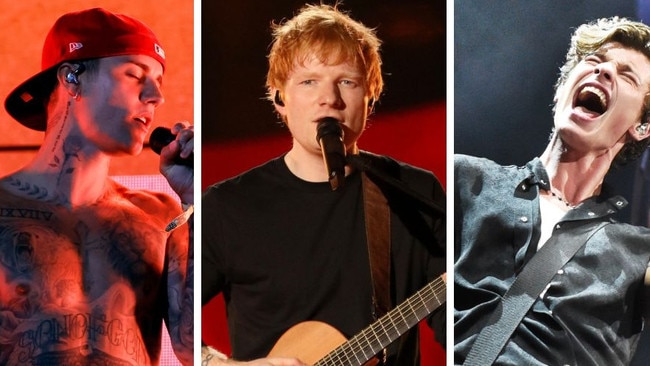 Justin Bieber, Ed Sheeran and Shawn Mendes. Picture: Getty