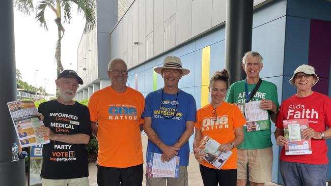 It all started out so well – on May 9, at Westcourt DFO on the first day of pre-polling, party supporters played nice as they defied the rain to hand out how-to-vote cards to people from 8am when the polls opened. Picture: Alison Paterson