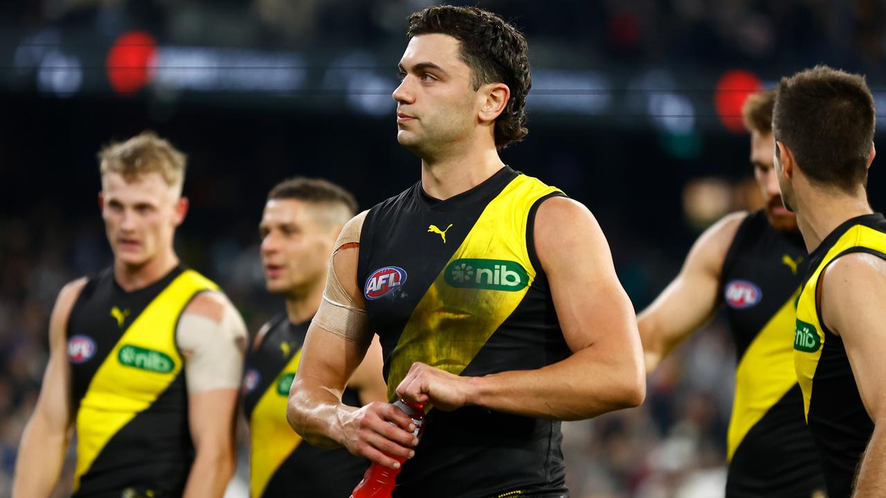 MELBOURNE, AUSTRALIA - MARCH 31: Tim Taranto of the Tigers looks dejected after a loss during the 2023 AFL Round 03 match between the Collingwood Magpies and the Richmond Tigers at the Melbourne Cricket Ground on March 31, 2023 in Melbourne, Australia. (Photo by Michael Willson/AFL Photos via Getty Images)