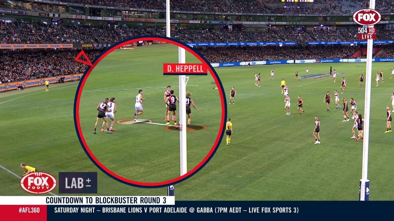 The crucial moment Dyson Heppell lost Jade Gresham at a forward 50 stoppage.