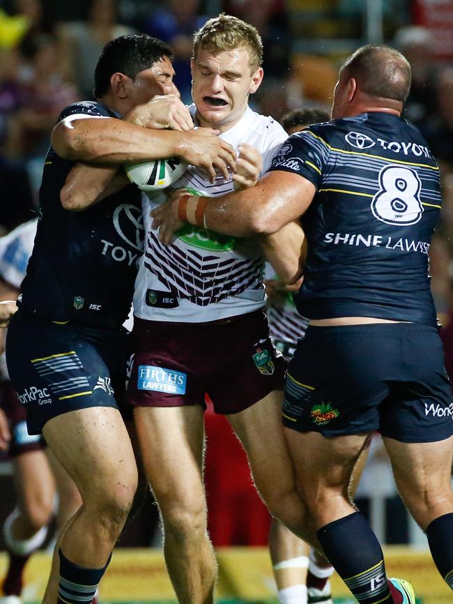 Tom Trbojevic takes on the Cowboys defence on Monday night.