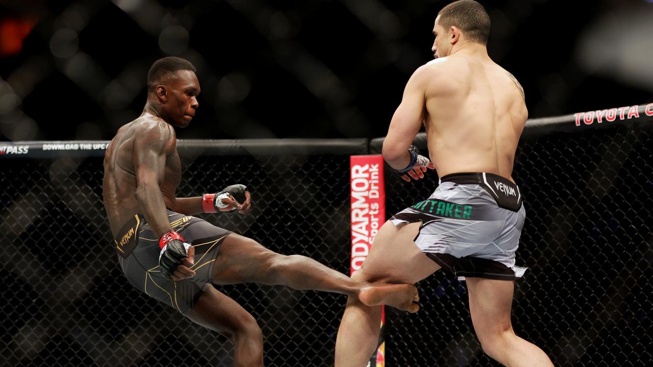 Israel Adesanya’s leg kicks did the damage against Rob Whittaker in Houston. (Photo by Carmen Mandato/Getty Images)