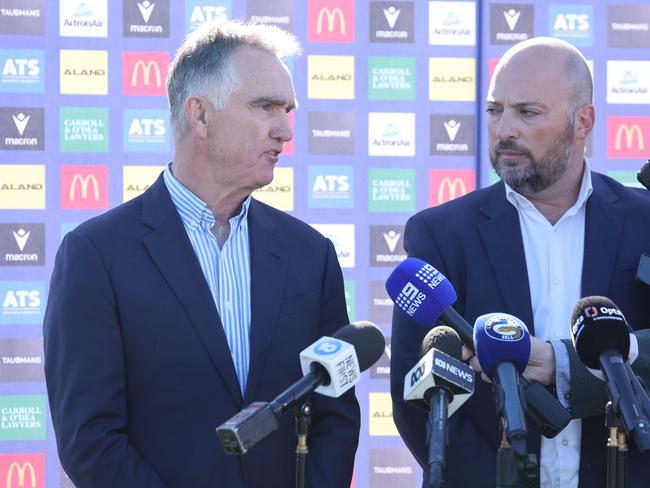 Parramatta Eels Chairman, Sean McElduff (left) alongside club CEO, Jim Sarantinos (right). Picture: Rohan Kelly