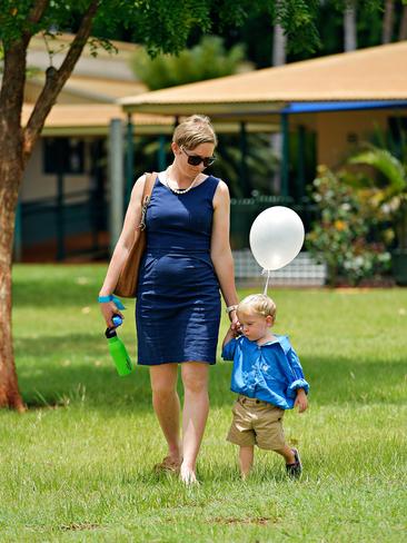 Family and friends depart Casuarina Street primary school after Dolly Everett's memorial service in Katherine, Northern Territory.