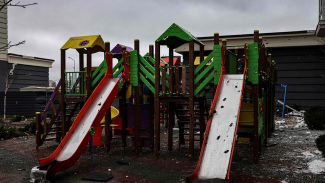 A playground with bullet holes is seen in Bucha, northwest of Kyiv.