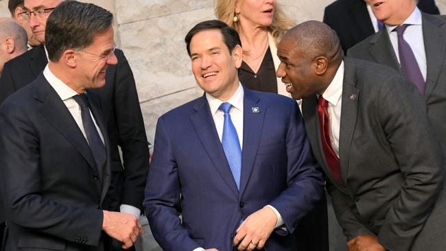 NATO Secretary General Mark Rutte, US Secretary of State Marco Rubio and UK Foreign Secretary David Lammy share a laugh at NATO's headquarters in Brussels. Picture: AFP