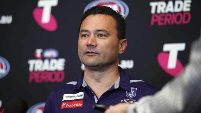 MELBOURNE, AUSTRALIA – OCTOBER 07: Peter Bell, Football Manager of the Dockers speaks with media during the Telstra AFL Trade Period at Marvel Stadium on October 07, 2019 in Melbourne, Australia. (Photo by Dylan Burns/AFL Photos via Getty Images)