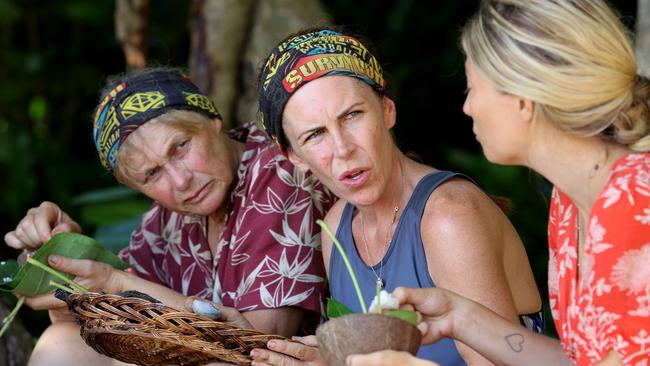 Shane Gould, left, chats with Sharn Coombes and Shonee Fairfax on Australian Survivor. Picture: NIGEL WRIGHT/ Network Ten.