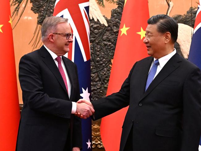 Australia’s Prime Minister Anthony Albanese meets with China’s President Xi Jinping at the Great Hall of the People in Beijing, China, Monday, November 6, 2023. Anthony Albanese will hold talks in China with President Xi Jinping in the first visit to the Asian nation by a sitting prime minister since 2016. (AAP Image/Lukas Coch) NO ARCHIVING