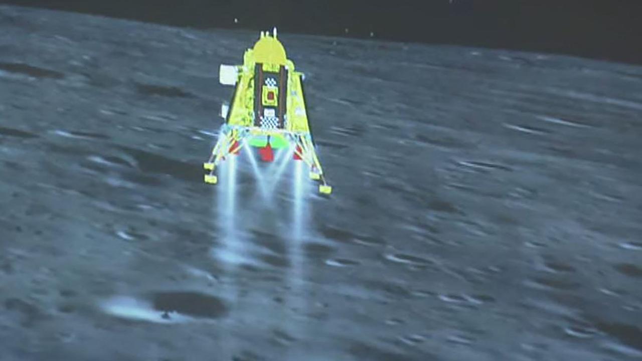 This screen grab taken from the live feed of Indian Space Research Organisation shows the Chandrayaan-3 spacecraft seconds before its successful lunar landing on the south pole of the moon. (Photo by ISRO / AFP)