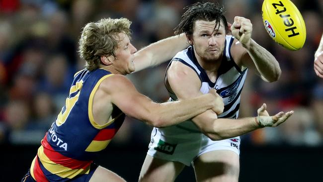 Rory Sloane tackles former teammate Patrick Dangerfield last season.