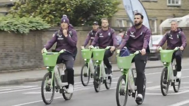 The English cricket team ride e-bikes to escape traffic gridlock to the 3rd One Day International match against the West Indies at The Oval in Kennington, London on June 3 2025. Picture: X
